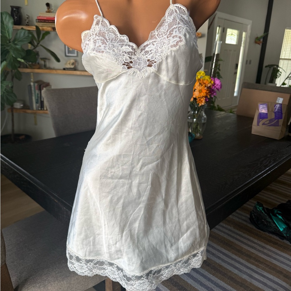Vintage Christian Dior Silk Slip Dress Lace Trim Ivory 90s Lingerie Nightgown S